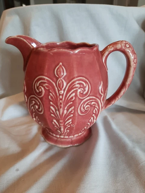 Antique Dustyvrose Majolica Ewer Picture scallop edge floral handle art nouveau
