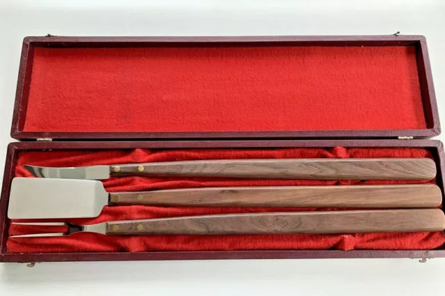MID CENTURY Ontario Knife 3pc GRILL TOOLS  BOXED SET Stainless Steel WOOD USA