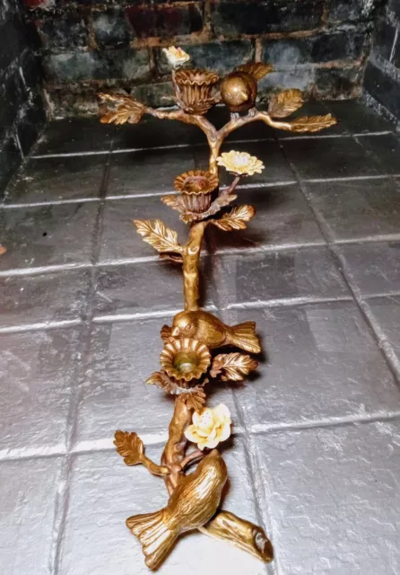 French Ormulu Three arm bronze & Porcelain  Candelabra with birds and flowers