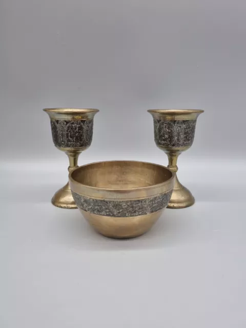 Vintage Nepalese Brass Bronze Ceremonial Bowls And Goblets, Banded Design