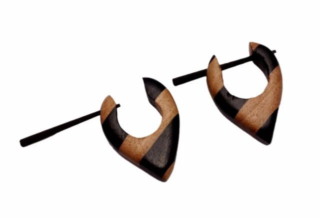 A Pair of Black Brown Natural Wood USA Ebony Tribal Coco Wooden Earrings EAR242
