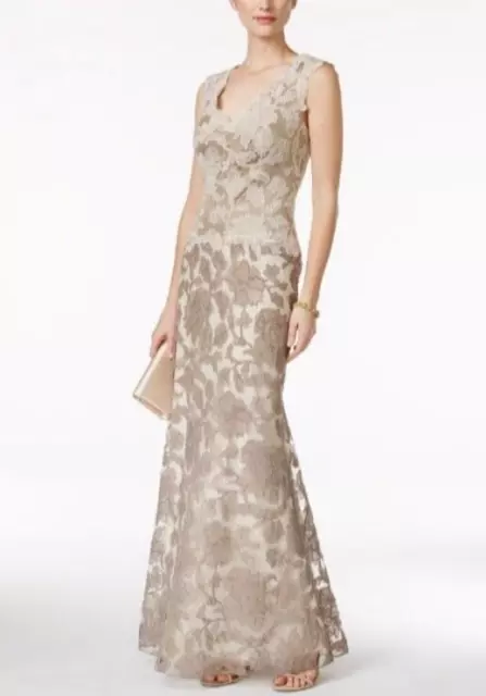 Tadashi Shoji V-Neck Sleeveless Lace Gown/Evening Maxi Dress Taupe Size 8