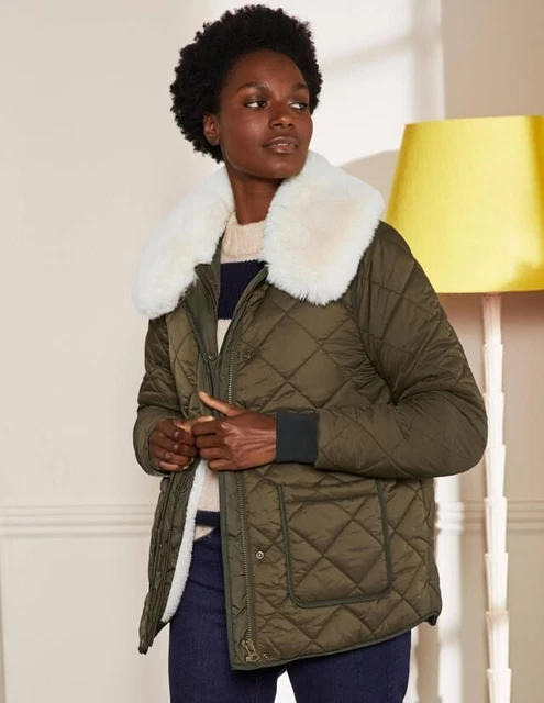 BODEN Hollie Quilted Jacket UK 8 Khaki Green Faux Fur Collar RRP £150 NEW SAMPLE