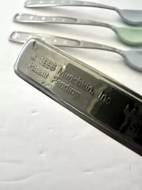 4 Vintage 1996 Munchkin Plastic Coated Covered Stainless Baby Spoons
