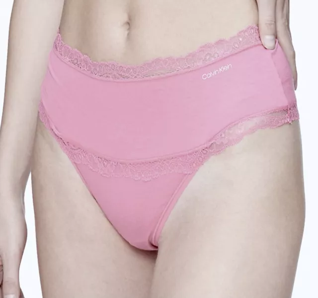 CALVIN KLEIN Modal Scallop Lace Trim High Waist Pink Thong Panty Womens S 5 M 6
