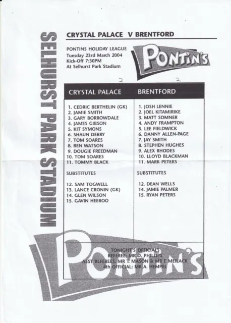 Crystal Palace v Brentford Reserves programme 23.3.2004