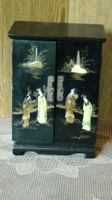 Antique 19C Chinese Wood Lacquered Polychrome Painted &Stone Inlay Jewerly Box.