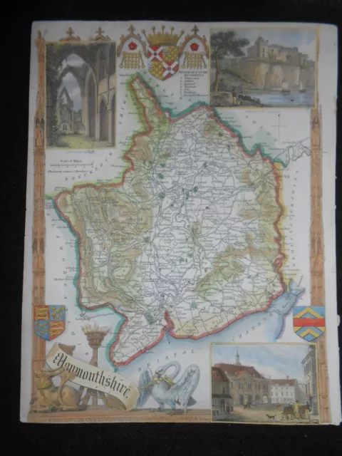 Original Antique Map - Monmouth (Wales) c1850s Hand Coloured Illustrations/Welsh