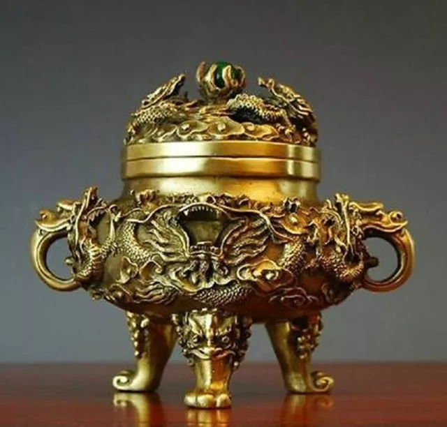 Collectible Chinese Brass Nine Dragons Kowloon incense burner