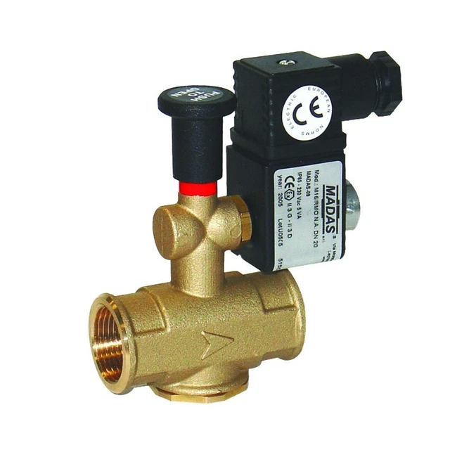 Elettrovalvola gas ottone 220V normalmente aperta Ø 1/2" FF riarmo manuale Madas