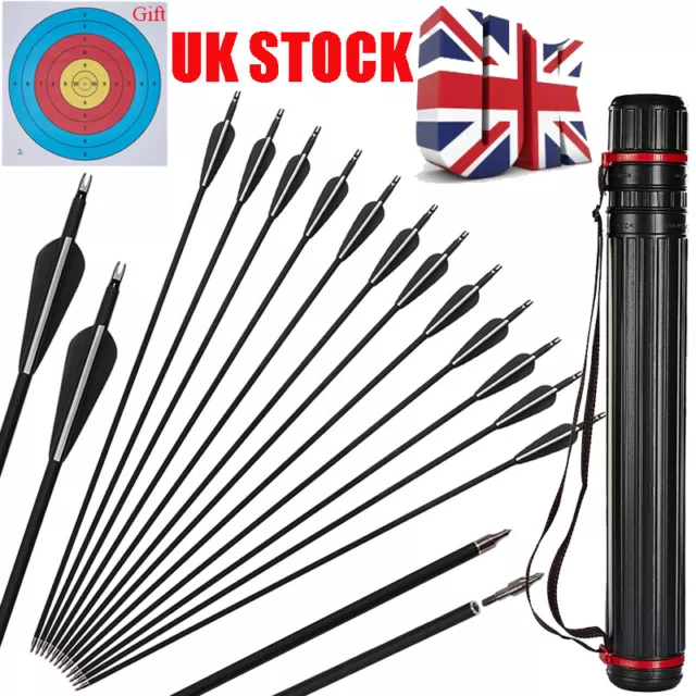 12X 30'' Archery Carbon Arrows & Quiver for Compound/Recurve Bow Target Hunting