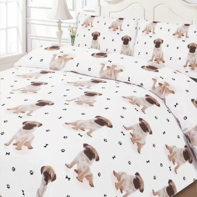 Polycotton Duvet Cover With Pillow Case Bedding King - Pug White
