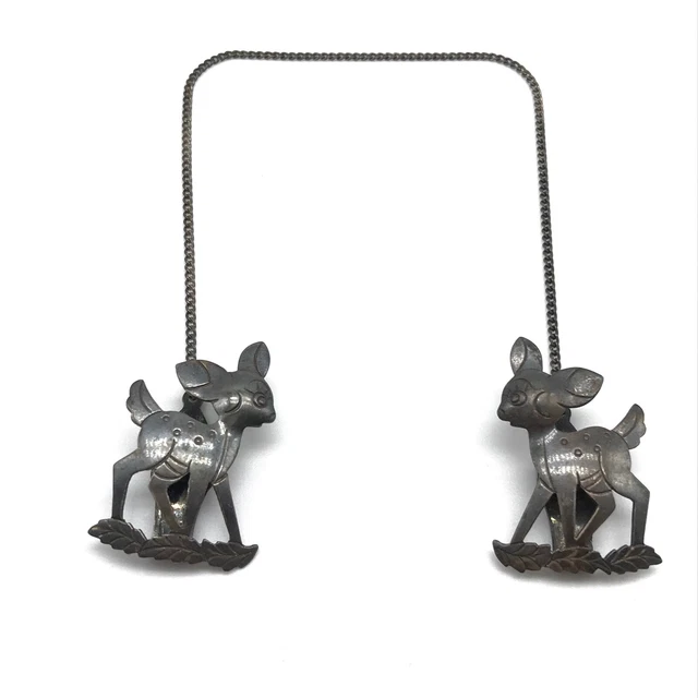 Antique Vintage 950 Sterling Silver Deer Tie Chain & Clips
