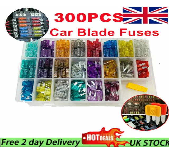300Pcs Car Fuses Assorted Kit Van Bike Auto Mini Medium Blade Fuse 2A-40A Box