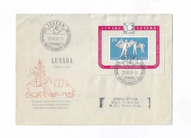 SWITZERLAND 1951 LUNABA imperf Souvenir Sheet FDC with cachet $129.95 ...