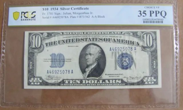 Fr 1701 $10 1934 Silver Certificate - PCGS Banknote VF 35 PPQ - Free Shipping!