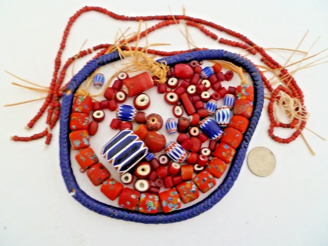 African Trade Bead Lot Venetian White Hearts Chevron Blue Czech Rescue Beads