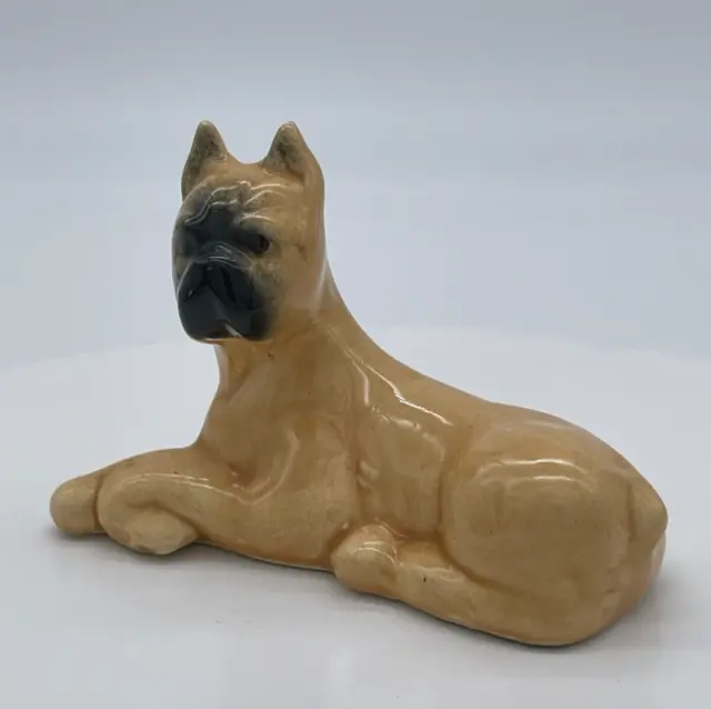 Vintage Boxer Dog Figurine Laying Peaceful Glossy Mid Century 3 in x 4.5 in-A8