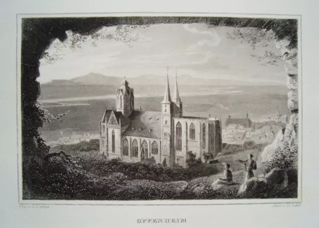 Oppenheim Rhein Wein Krötenbrunnen Kirche  echter alter Stahlstich 1844