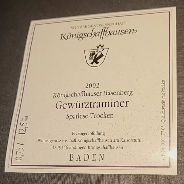 Weinetikett 2002 Königschaffhauser Hasenberg Gewürztraminer Spätlese Trocken