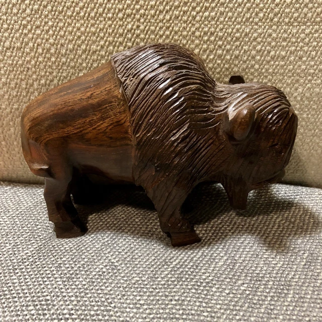 Vintage Hand Crafted Carved Iron Wood Buffalo Bull American Bison Folk Art 6”