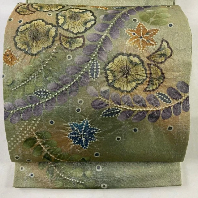 Japanese Kimono Obi Pure Silk With signature Tsujigahana Silver For Semi Formal