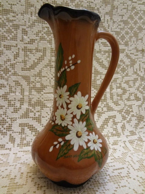 Vintage Hand Painted Ceramic Pitcher - Floral Daisies - Signed By Artist