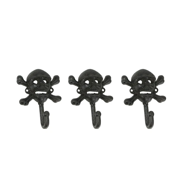 Set of 3 Cast Iron Skull And Bones Decorative Wall Hooks Pirate Towel Coat Rack