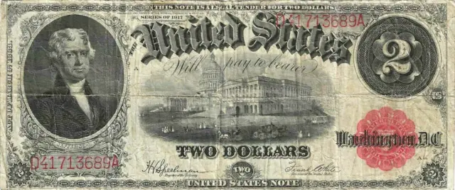 1917 $2 Legal Tender Note ~ Jefferson & Capitol  ~ Decent Collector Grade