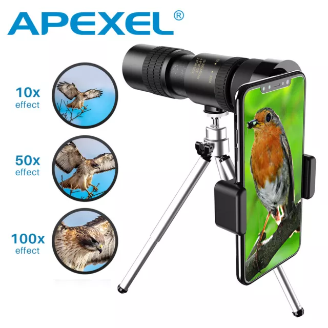 APEXEL 4K 10-300X40mm Telephoto Lens Zoom Monocular Telescope +Tripod For Phone