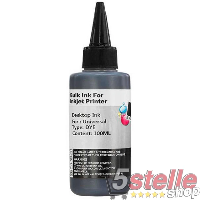 Ricarica Inchiostro Nero 100Ml Per Cartucce Hp Epson Canon Brother Lexmark