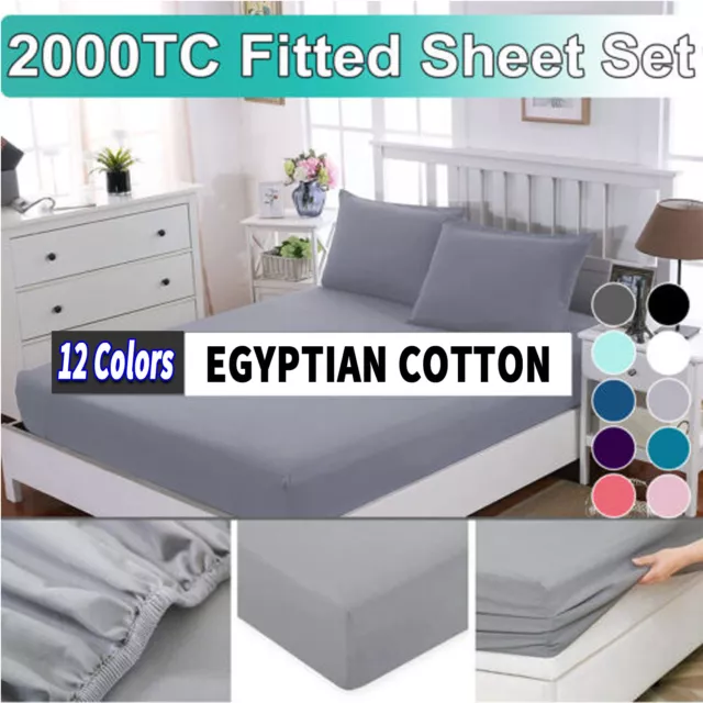 2000TC Egyptian Cotton Bed Fitted Sheet Set Pillowcases Single Double Queen King