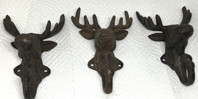 3 Rustic CAST IRON DEER Antler BUCK Elk Antlers WALL HOOK Towel Rack Coat Hooks