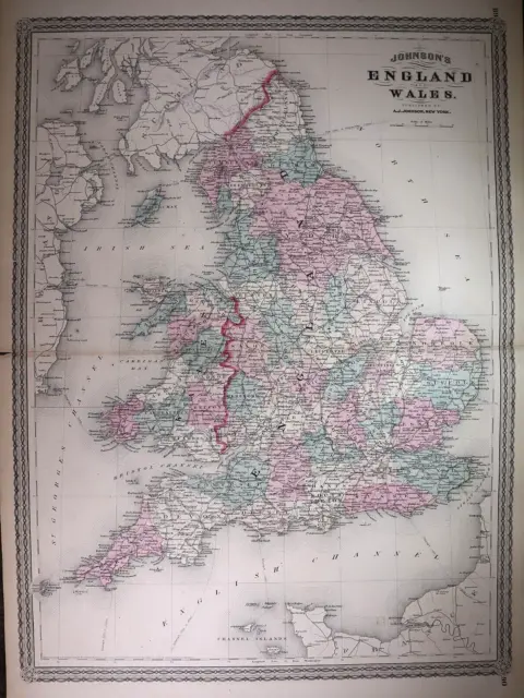Old Antique 1872 A.J. Johnson Atlas Map ~ ENGLAND - WALES ~ (XLG18x26)-#1028