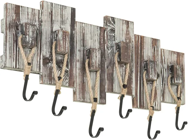 MyGift Nautical-Style Wall-Mounted Torched Wood Coat Rack with 6 Rope Hooks