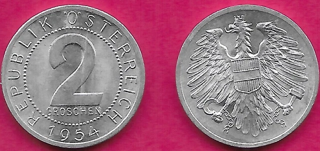 Austria 2 Groschen 1954 Unc Imperial Eagle With Austrian Shield On Breast,Holdin