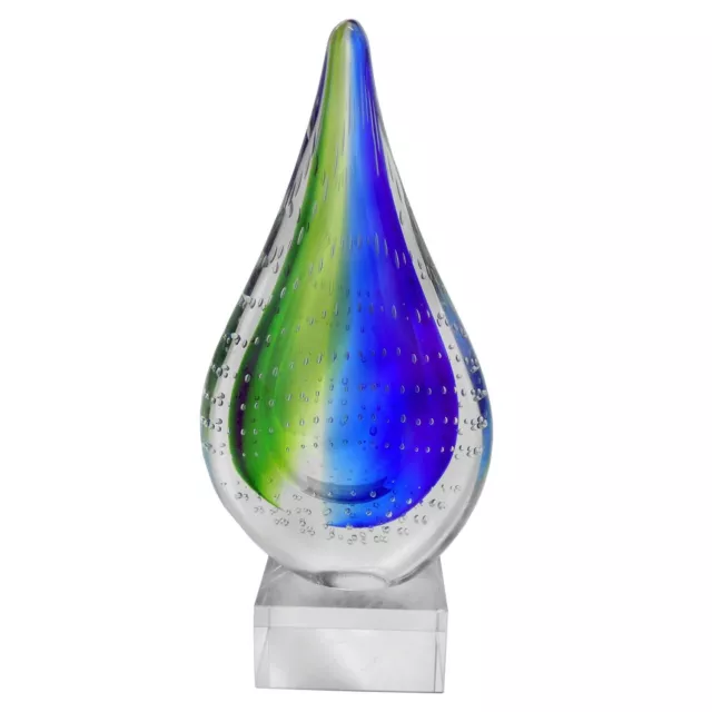 Handmade Glass Water Drop Statue Blue & Green - Crystal Base - Artistic Figurine