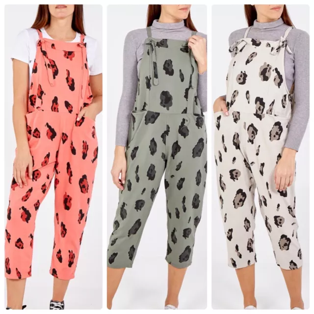 New Ladies women Animal Print Jersey Dungaree Jumpsuits One Size (8-16) BNWT