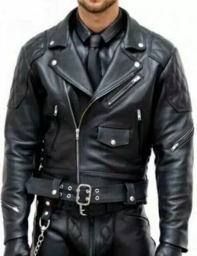 NOORA Mens Brando Genuine Leather Jacket Motorcycle Black Marlon Biker Jacket |