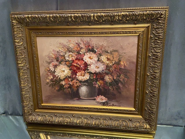 Huile Sur Toile Nature Morte - Cadre Bois Doré Signé - Bon état, Couleurs Vibrantes