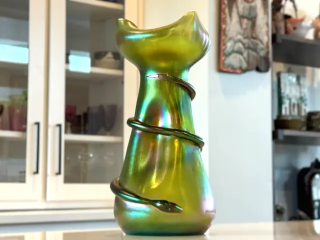 Antique Loetz Green Iridescent Austrian Glass Vase with Applied Snake-Art Noveau