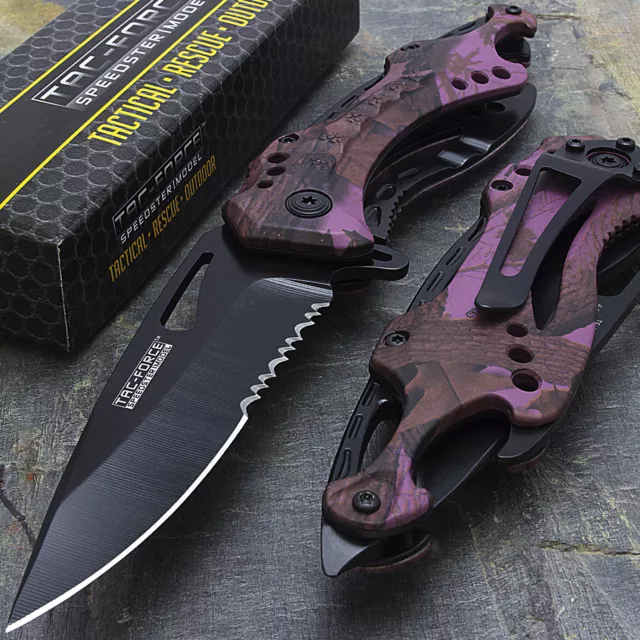 8" TAC FORCE PURPLE CAMO SPRING ASSISTED TACTICAL FOLDING KNIFE Pocket Open