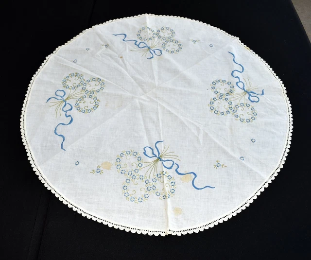 Vintage White w Blue Purple Embroidered Flower Bouquets 30" Round Tablecloth