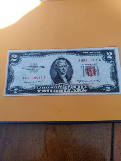 1953-B $2 Two Dollar US Red Seal Jefferson Note Bill US Currency Crisp