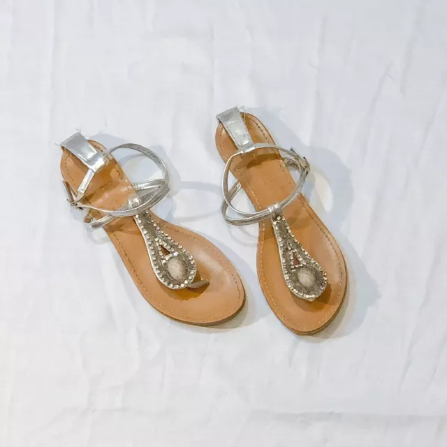 Women’s Bamboo Silver Beaded Jewels Flat Open Toe Sandals US Size 10 3