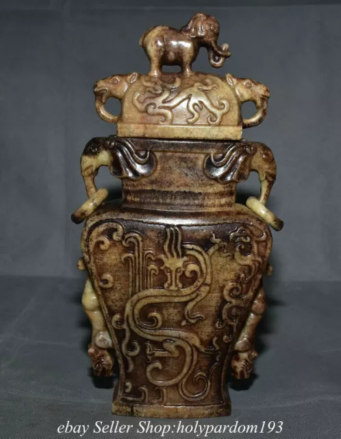 10.2" Ancient Chinese Xiu Jade Carved Dynasty Elephant Lid Dragon Bottle Vase