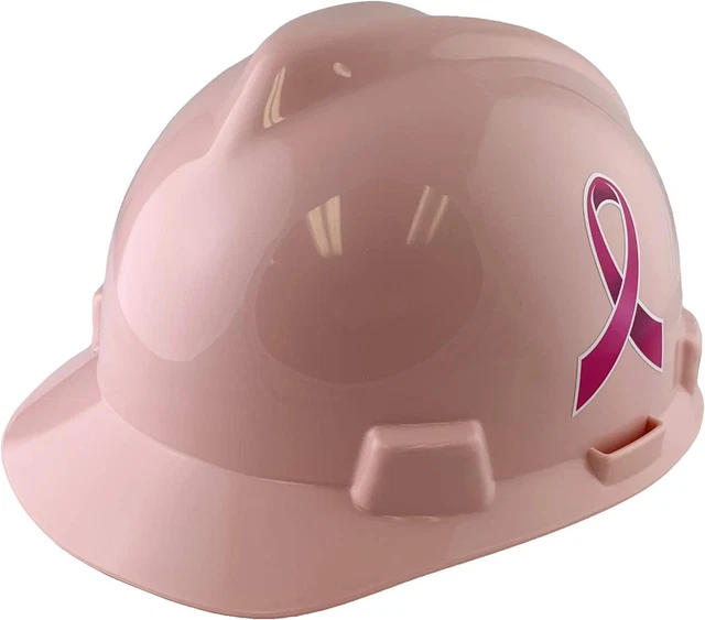 MSA V Cap Style Hard Hats with Breast Cancer Awareness Ribbon Decals - Light Pin