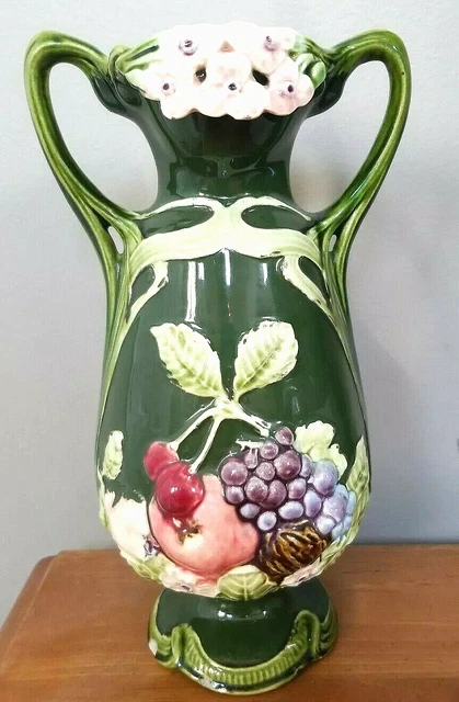 Antique 12' Majolica Art Nouveau Pottery Embossed Grape Flowers+Fruit Vase  WOW