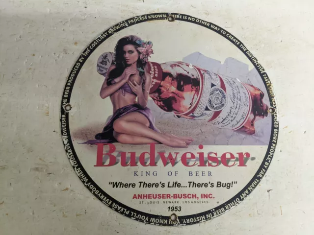 Vintage Old 1953 Budweiser Beer Bar Restaurant Heavy Porcelain Metal Enamel Sign