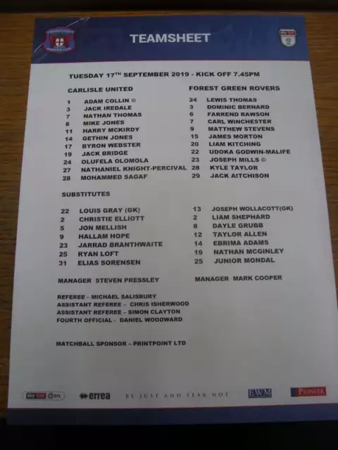 17/09/2019 Colour Teamsheet: Carlisle United v Forest Green Rovers